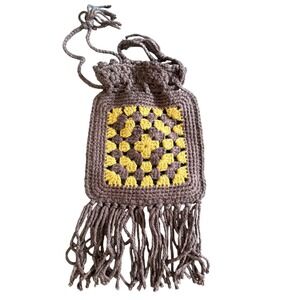 Crochet Drawstring Bag Pouch Granny Square Fringe Brown Yellow Vintage‎